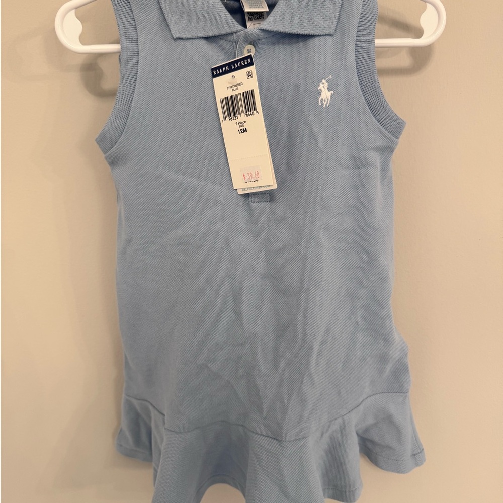 Ralph Lauren Baby Girl Stretch Mesh Polo Blue Sleeveless Dress with Bloomers